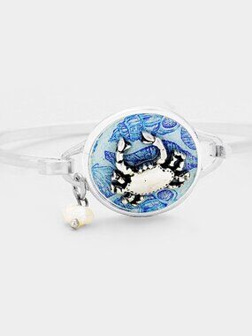 Patterned Crab Pearl Charm Hook Bangle Bracelet - Nautical Beach Jewelry